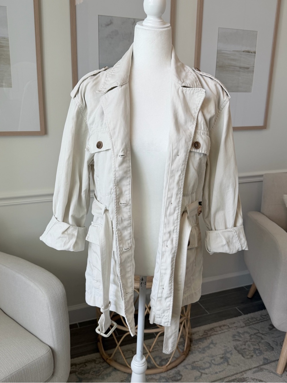 Banana Republic Heritage Linen Blend Safari Jacket Ivory Belted Utility Jacket - Picture 12 of 15
